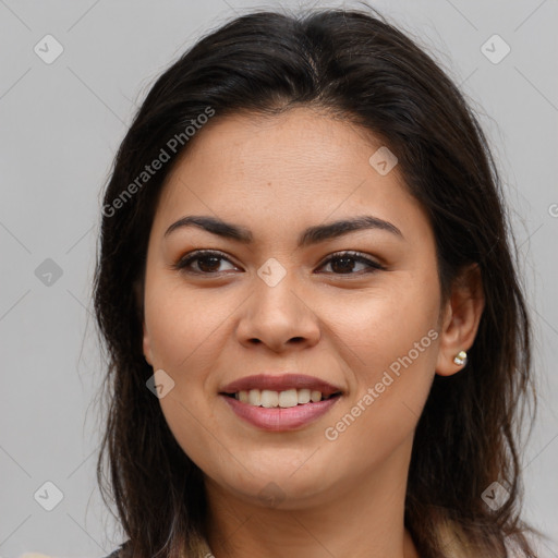 Joyful white young-adult female with long  brown hair and brown eyes