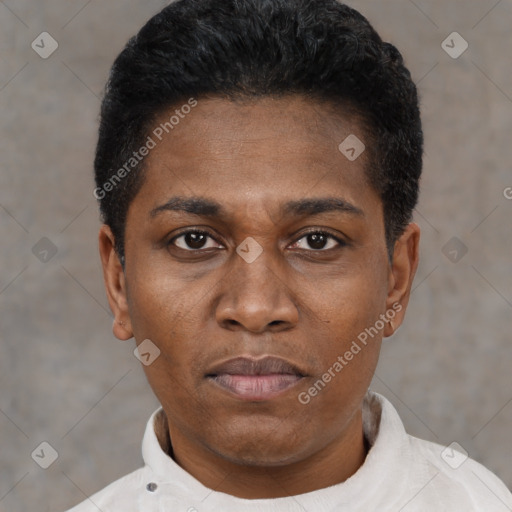 Neutral black young-adult male with short  black hair and brown eyes