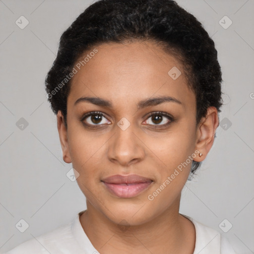 Joyful latino young-adult female with short  brown hair and brown eyes