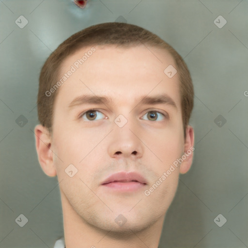 Neutral white young-adult male with short  brown hair and grey eyes