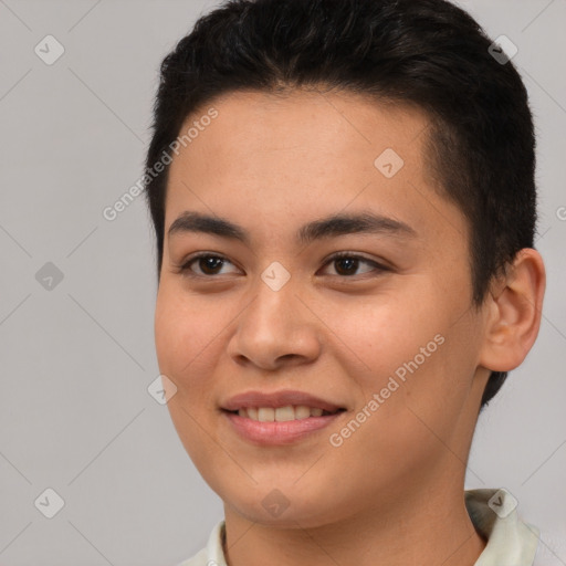 Joyful white young-adult female with short  brown hair and brown eyes