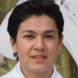 Joyful white adult female with short  brown hair and brown eyes