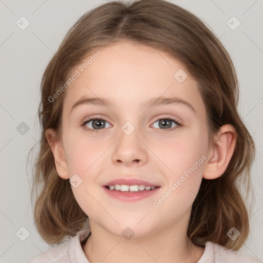 Joyful white child female with medium  brown hair and brown eyes