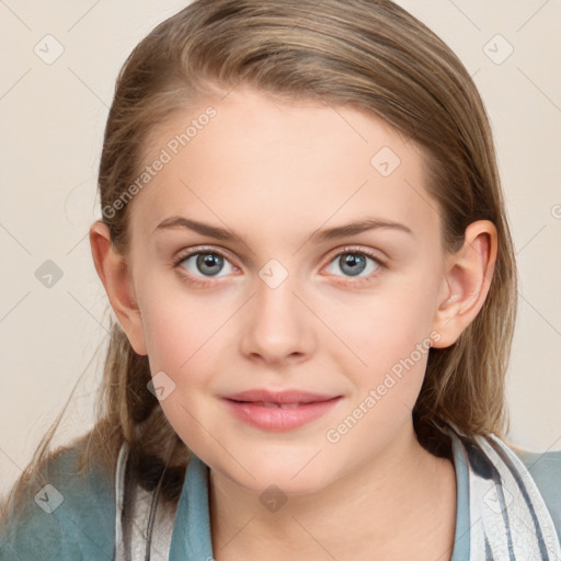 Joyful white child female with medium  brown hair and blue eyes