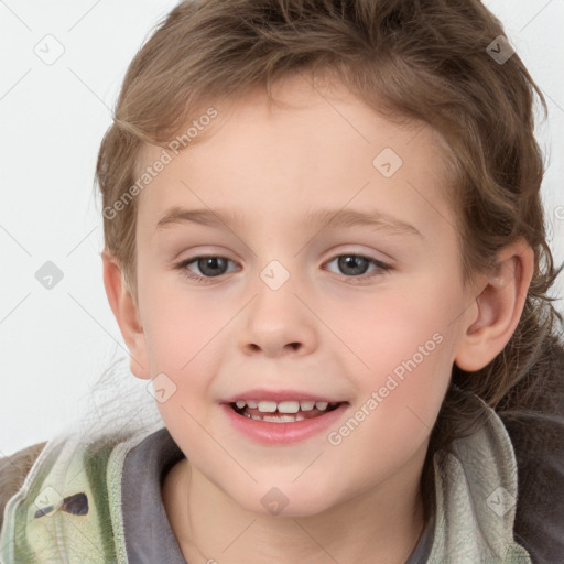 Joyful white child female with medium  brown hair and brown eyes