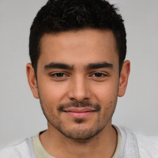 Neutral latino young-adult male with short  brown hair and brown eyes