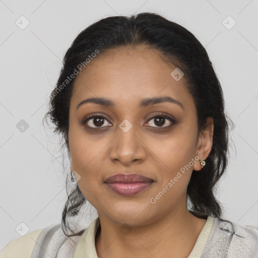 Joyful black young-adult female with medium  black hair and brown eyes