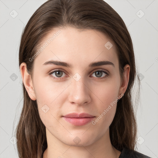 Neutral white young-adult female with medium  brown hair and grey eyes