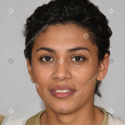 Joyful latino young-adult female with short  brown hair and brown eyes