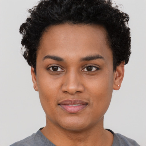Neutral black young-adult female with short  black hair and brown eyes