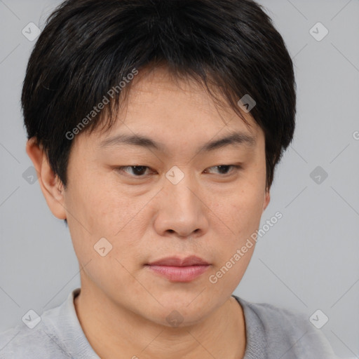 Neutral asian young-adult female with short  brown hair and brown eyes