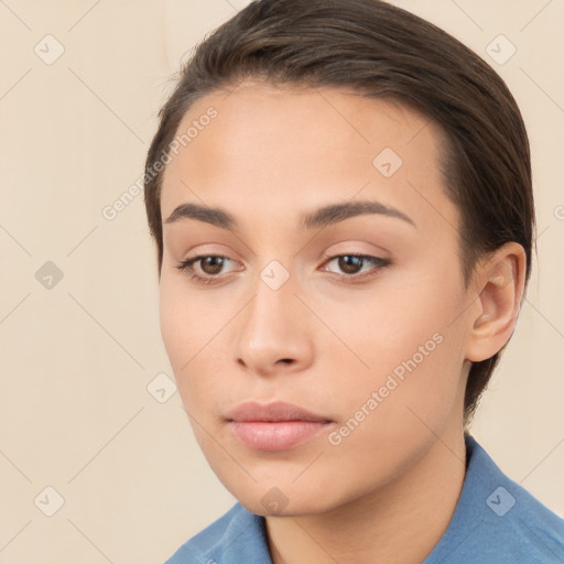 Neutral white young-adult female with short  brown hair and brown eyes