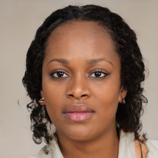 Neutral black young-adult female with medium  black hair and brown eyes