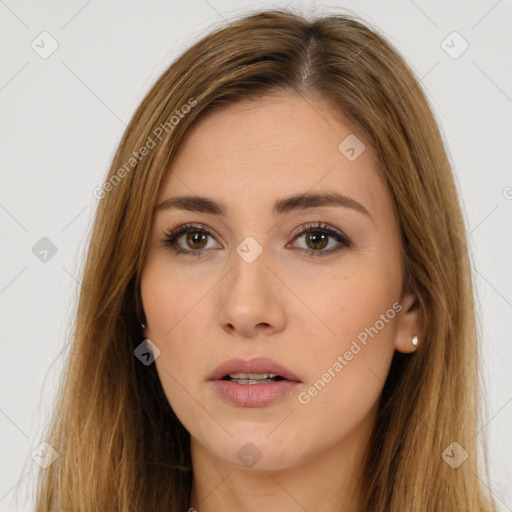 Neutral white young-adult female with long  brown hair and brown eyes