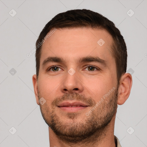 Neutral white young-adult male with short  brown hair and brown eyes