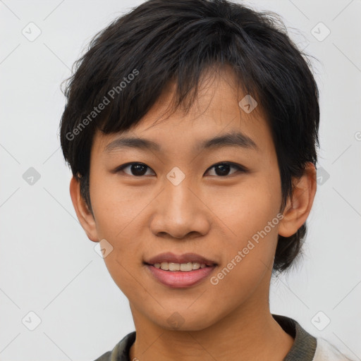 Joyful asian young-adult female with short  brown hair and brown eyes