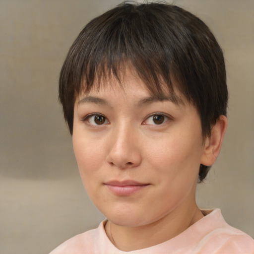 Neutral white young-adult female with short  brown hair and brown eyes