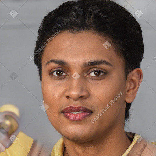 Joyful latino young-adult female with short  brown hair and brown eyes