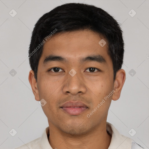 Neutral asian young-adult male with short  black hair and brown eyes