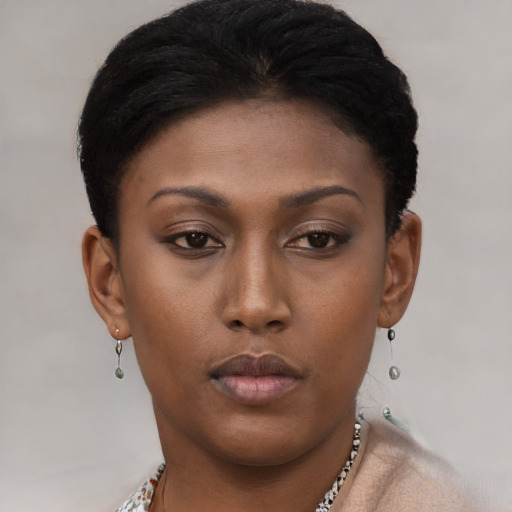 Neutral black young-adult female with short  brown hair and brown eyes