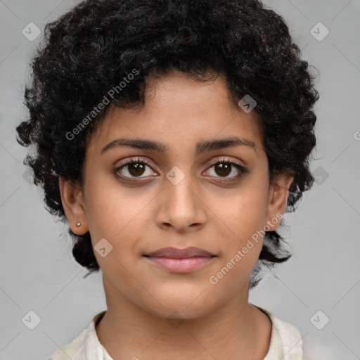 Joyful latino young-adult female with medium  black hair and brown eyes