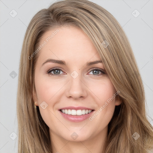 Joyful white young-adult female with long  brown hair and grey eyes