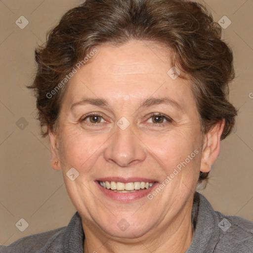 Joyful white adult female with short  brown hair and brown eyes