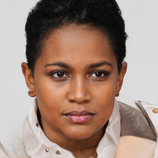 Neutral black young-adult female with short  black hair and brown eyes