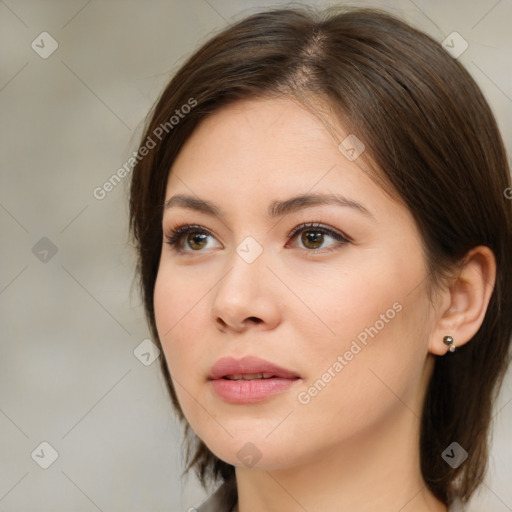 Neutral white young-adult female with medium  brown hair and brown eyes