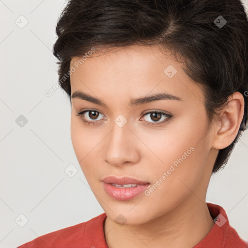 Neutral white young-adult female with short  brown hair and brown eyes