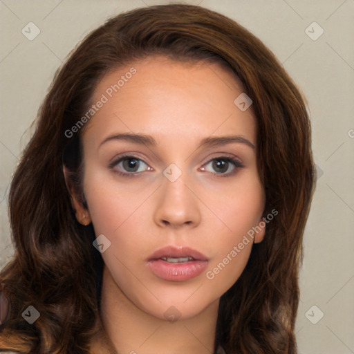 Neutral white young-adult female with long  brown hair and brown eyes