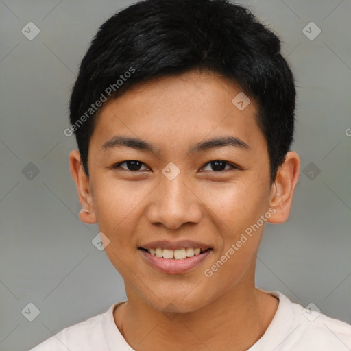 Joyful asian young-adult female with short  black hair and brown eyes