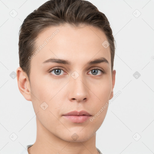 Neutral white young-adult male with short  brown hair and brown eyes