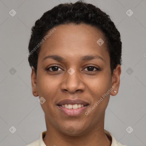 Joyful latino young-adult female with short  black hair and brown eyes