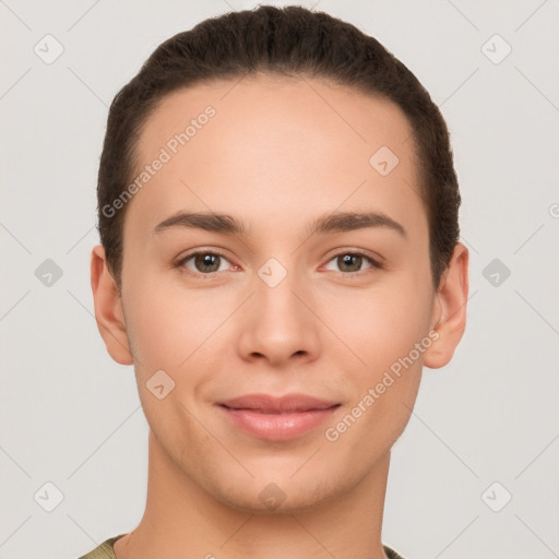 Joyful white young-adult female with short  brown hair and brown eyes