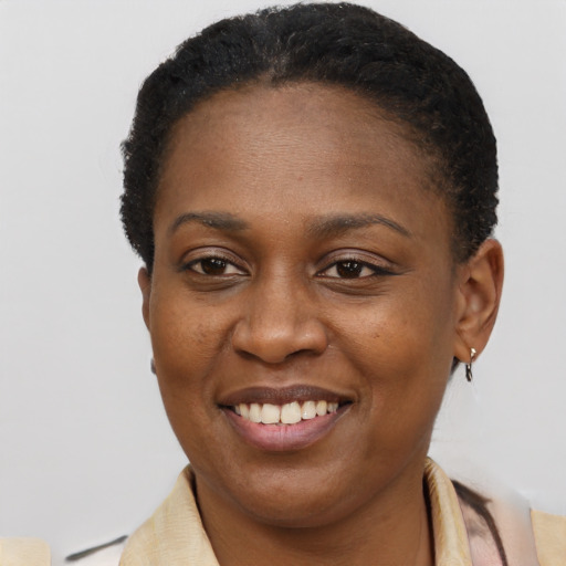 Joyful black young-adult female with short  brown hair and brown eyes