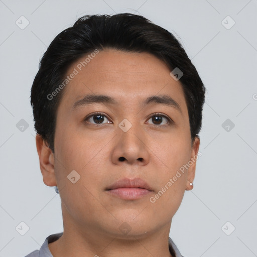 Neutral asian young-adult male with short  brown hair and brown eyes