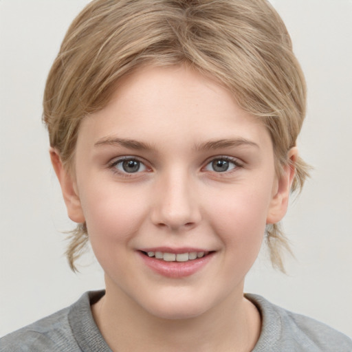 Joyful white child female with medium  brown hair and grey eyes