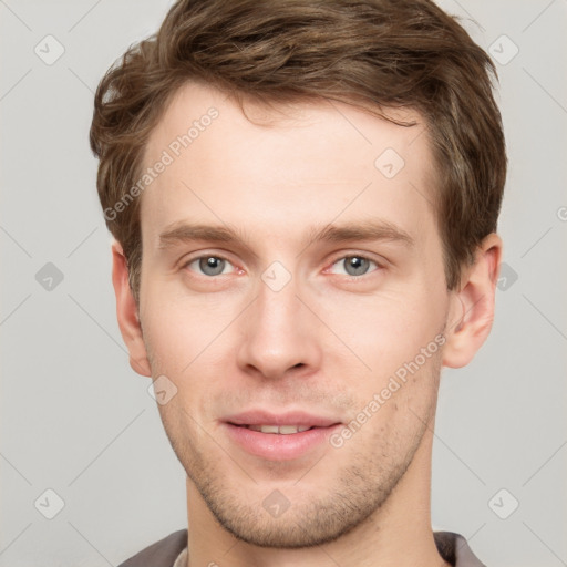 Neutral white young-adult male with short  brown hair and grey eyes