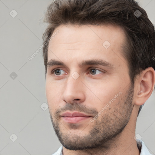 Neutral white young-adult male with short  brown hair and brown eyes