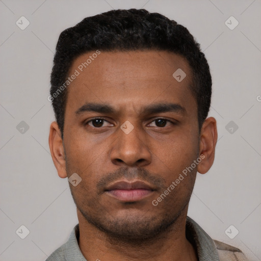 Neutral latino young-adult male with short  black hair and brown eyes
