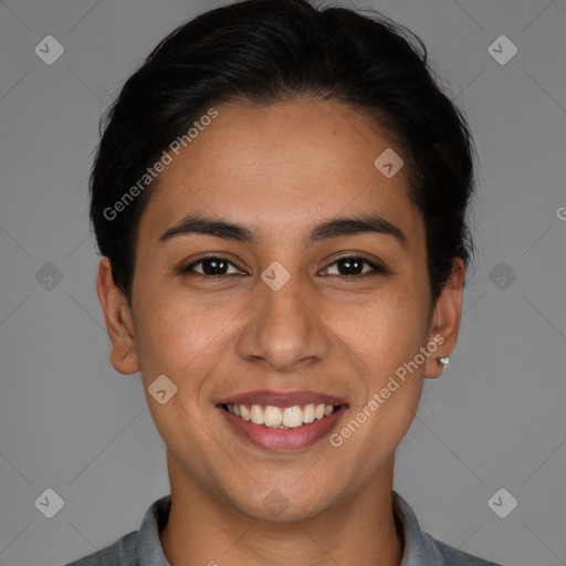 Joyful white young-adult female with short  brown hair and brown eyes