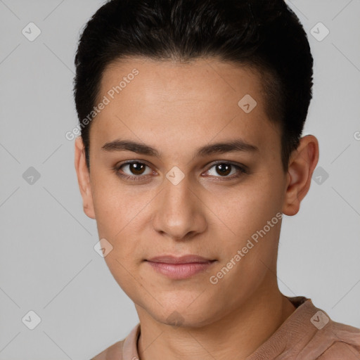 Joyful white young-adult female with short  brown hair and brown eyes