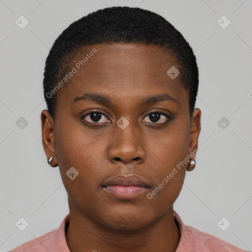 Neutral black young-adult female with short  brown hair and brown eyes