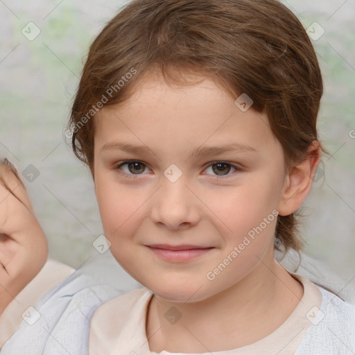 Joyful white child female with medium  brown hair and brown eyes