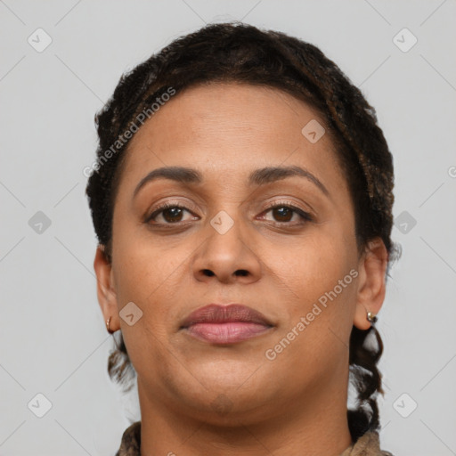 Joyful latino young-adult female with short  brown hair and brown eyes
