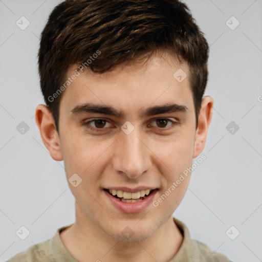 Joyful white young-adult male with short  brown hair and brown eyes