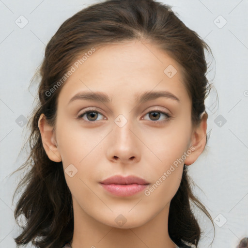 Neutral white young-adult female with medium  brown hair and brown eyes