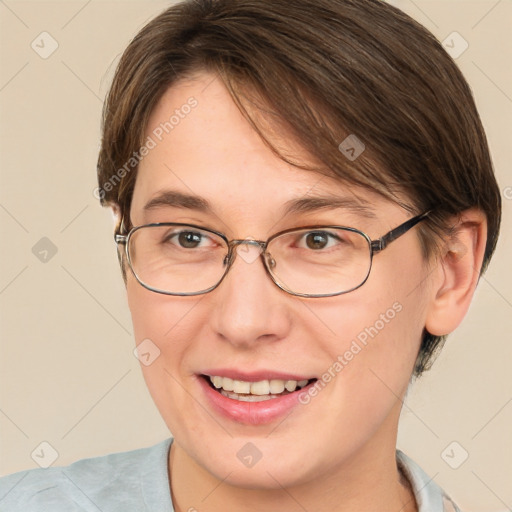 Joyful white adult female with short  brown hair and brown eyes