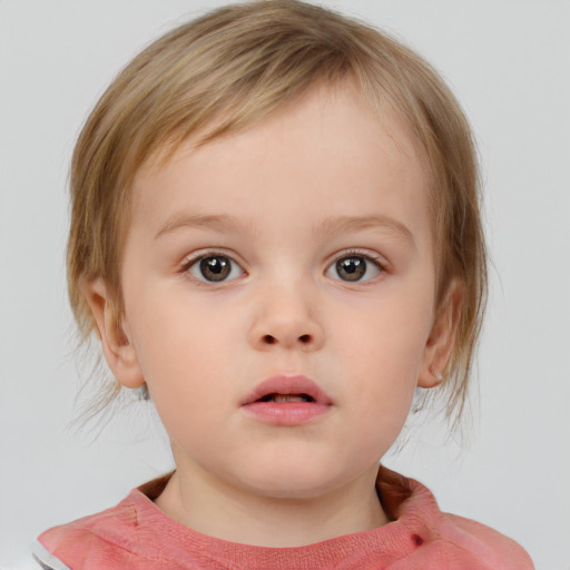 Neutral white child female with medium  brown hair and blue eyes